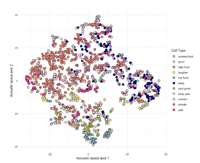 T-SNE scatterplot illustrating how the 11 call types from the updated vocal repertoire cluster together based on similarity in their acoustic structure. Each point in the scatterplot represents a call and the different colours of the points depict the different call types.
